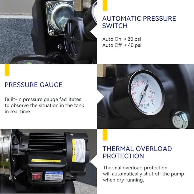 Acquaer 1.6 HP Shallow Well Pump with Pressure Tank, Stainless Steel, 1320 GPH 115V Irrigation, Automatic Water Booster Jet Pump for Home, Garden, Lawn, photo 6 of 6