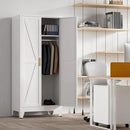 71'' Farmhouse Metal Wardrobe Cabinet with Hanging Rod, 2 Barn Door Wardrobe Closet with 5 Adjustable Shelves,Drawer,for Dining Room,Bedroom,Living Room, Cloak Room,Office (White) by CozyNest Decor