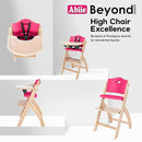Abiie Beyond Junior Wooden High Chair with Tray - Adjustable and Convertible High Chair for Babies and Toddlers - 6 Months to 250 Lb - Water Resistant - Natural Wood/Raspberry Cushion by TinyTreasures Baby Boutique