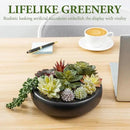 MyGift 8-Inch Artificial Succulent Plant Arrangement, Assorted Fake Plants in Modern Black Round Concrete Planter Bowl by CozyNest Decor