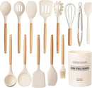 Country Kitchen Non Stick Silicone Utensil Set with Rounded Wood Handles for Cooking and Baking, 14 Piece Set, Khaki by CozyNest Decor