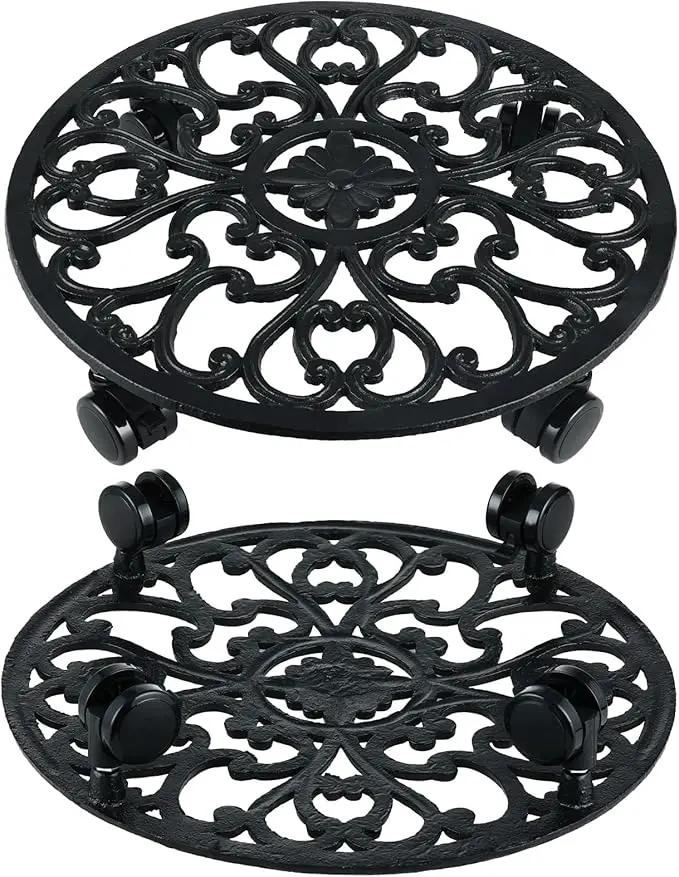2 Packs 14 Inch Rolling Plant Stand with Wheels Metal Plant Caddy with Wheels Heavy Duty Round Plant Stand Indoor Iron Plants Rollers for Plants, Plant Dolly with Plant Saucers, photo 7 of 8