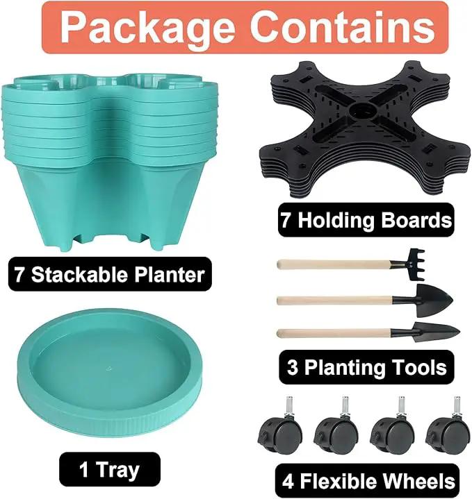 Vertical Planter 7 Tier Stackable Planters Garden Planters Strawberry Herb Flower and Vegetable Planter Indoor Outdoor Gardening Pots with Removable Wheels and Tools, photo 8 of 9