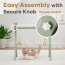 Comfy Cubs Wooden Baby Play Gym - Natural Finish Pinewood Baby Activity Gym with 5 Sensory Hanging Toys - Easy No-Tool Assembly, Safe and Durable for Infant Motor and Visual Development - Sage by TinyTreasures Baby Boutique
