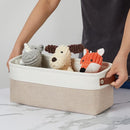 DULLEMELO 2-Pack Bathroom Baskets for Toilet, Small Storage Bins for Organizing Closets, Cabinets, Shelves, Canvas Fabric Storage Basket Bins With Leather Handles for Empty Gift Basket (White&Khaki) by TinyTreasures Baby Boutique