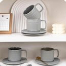 Large Cappuccino Cups with Saucers Set of 4, 8 Ounce Stackable Embossed Ceramic Coffee Mugs for Specialty Coffee Drinks, Latte, Cafe Mocha and Tea, Dishwasher & Microwave Safe (Grey) by CozyNest Decor