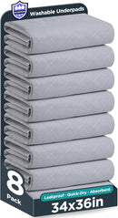 Washable Bed Pads 34" x 36" - 8 Pack, Grey, Waterproof Bed Pads for Incontinence, Bed Wetting Pads for Bed, Sofa, Floor, Resuable Underpads for Adults, Seniors, Pet by TinyTreasures Baby Boutique