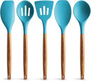Zulay Kitchen Non-Stick Cooking Utensils Set with Authentic Acacia Wood Handles – 5-Piece Durable & Stylish Silicone Kitchen Utensils Set – Heat Resistant to 464°F – Blue by CozyNest Decor