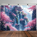 FENDROM Japanese Aesthetic Pink Cherry Blossom Tree Tapestry Building On Mountains Waterfall River Fairytale World Asian Art Tapestry for Bedroom Living Room by CozyNest Decor