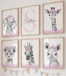 Personalized Safari Animals for Baby Girls Nursery Bedroom Unframed Set of 6 Poster Prints, Personalized Name Pink Purple Flowers Wall Art Decor New Baby Gift Present, Elephant Giraffe Panda Zebra Lion (9x12) by TinyTreasures Baby Boutique