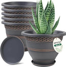 6 Pack 8 Inch Plant Pots, Plastic Flower Pot for Indoor & Outdoor with Drainage Holes & Saucer, Plaid Pattern Planters Garden Pots for Herbs by CozyNest Decor