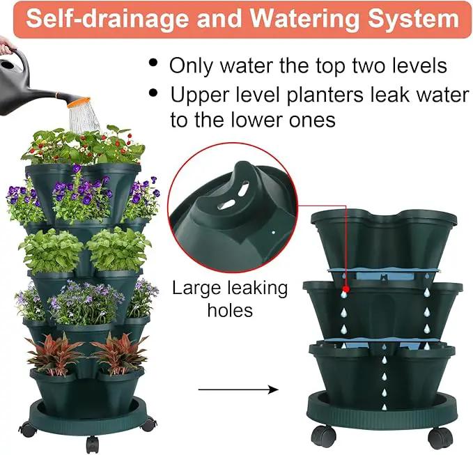 Vertical Planter 5 Tier Stackable Planters Garden Planters Strawberry Herb Flower and Vegetable Planter Indoor Outdoor Gardening Pots with Removable Wheels and Tools 2-Pack, photo 4 of 9