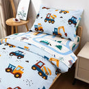 NTBED 4 Pieces Construction Truck Toddler Bedding Set for Baby Boys, Cartoon Vehicles Excavator Cars Printed, Includes Comforter, Flat Sheet, Fitted Sheet and Pillowcase,Light Blue by TinyTreasures Baby Boutique