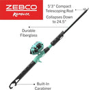 Zebco Rambler Fishing Reel and Rod Combo, Durable Fiberglass Rod with Built-in Carabiner, Patented No-Tangle Reel, Pre-Spooled with 8-Pound Zebco Fishing Line by TinyTreasures Baby Boutique
