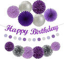 Purple Silver Birthday Party-Decorations Paper-Flowers - 14pcs Happy Banner Lavender Lanterns Tissue Pom Poms,Lilac Streamers Garland Fans,Women Girls Adult Kids Office Hanging Supplies Decor Hugfond by CozyNest Decor