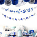 Navy-Blue White-Silver Party-Decoration Graduation Banner - 14pcs Kits Cap Garland Streamers, Royal Paper Tissue Pom Poms Flowers Fans Honeycomb,Class Of 2025 College High School Grad Decor Hugfond by CozyNest Decor