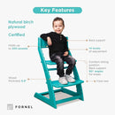 FORNEL Modern Wooden High Chair in Turquoise | The Adjustable Grow-with-Me Chair with a Stylish Pop of Color for Your Kitchen & Dining Room by TinyTreasures Baby Boutique
