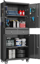 71''H Metal Garage Storage Cabinet with Wheels & 4 Pegboard,Rolling Tool Cabinet with Adjustable Shelves & 2 Lockable Drawer for Garage,Office,Home, Assembly Required,Black by GreenHaven Gardens