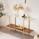 Extra Large Glass Console Table for Living Room, Foyer & Entrance, L47 x W16 x H31, Mid-Century Modern Sofa Table with Clear Glass Top, Walnut Finish Wood Top and Gold Finish Metal Frame by CozyNest Decor