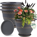 4 Pack 16 Inch Large Plant Pots, Plastic Flower Pot for Indoor & Outdoor with Drainage Holes & Saucer, Plaid Pattern Planters Garden Pots for Herbs Gold by CozyNest Decor