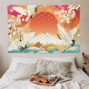 HZOHNAGO Japanese Tapestry Cherry Blossom Crane Sea Wave Fuji Mountain Red Sun Pattern Printed Wall Tapestry Painting Wall Hanging for Bedroom Living Room Dorm 90" W x 60" H by CozyNest Decor