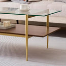 Rectangle Coffee Table, Mid-Century Modern Design, L41 W21 x H17, for Living Room, 2-Tier Structure, Clear Glass Top and Walnut MDF Shelf, Sleek Conical Metal Legs with Gold Finish by CozyNest Decor