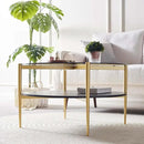 Round Coffee Table for Living Room, Mid-Century Modern Design, D30 x H17, 2-Tier Structure, Grey Glass Top and Black Marble Finish Wood Shelf, Sleek Conical Metal Legs with Gold Finish Frame by CozyNest Decor