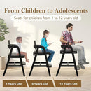 Solid Wood High Chair for Toddlers to Teens, Adjustable Height Toddler Dining Chair, Easy to Clean Toddler Highchair with Removable PU Cushion for Dining, Studying, Step Tool, Black by TinyTreasures Baby Boutique