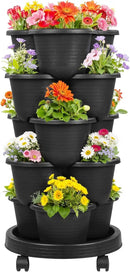 VECELO 5 Tier Vertical Garden Planter, Self Watering Stackable Planters with Wheels for Strawberries, Herbs, Flowers, Vegetables, Black by CozyNest Decor