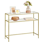 VASAGLE 39.4 Inch Console Sofa Table, Modern Entryway Table, Tempered Glass Table, Metal Frame, 2 Shelves, Adjustable Feet, for Living Room, Hallway, Gold Color ULGT025A01 by CozyNest Decor