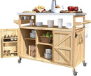 Outdoor Grill Table with Stainless Steel Top, Farmhouse Solid Wood Kitchen Island Cart with Internal Storage Rack, Outdoor Bar Cart with Storage Cabinet, Spice & Towel Rack, Natural by CozyNest Decor