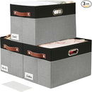 Large Collapsible Fabric Storage Bins with 3 Handles, Foldable Organizer Baskets for Closet, Shelves, Living Room | 3 Pack, Durable PU & Metal Handles (14.9"x9.8"x9.8", Black & Gray) by TinyTreasures Baby Boutique
