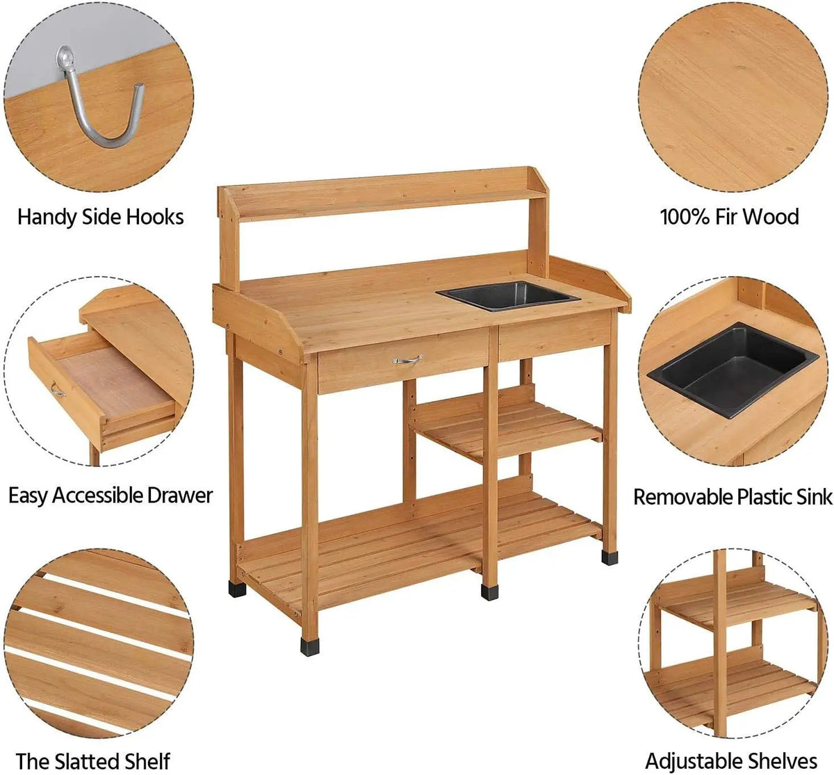 Yaheetech Potting Bench Outdoor Garden Work Bench Station Planting Solid Wood Construction for Horticulture w/Sink Drawer Rack Shelves Natural Wood, photo 4 of 6