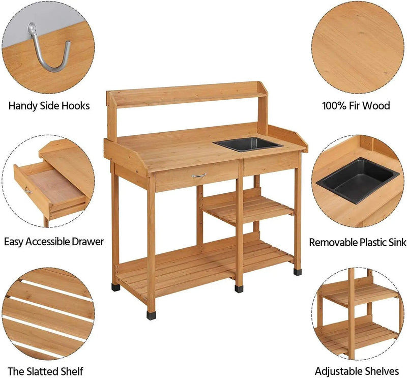 Yaheetech Potting Bench Outdoor Garden Work Bench Station Planting Solid Wood Construction for Horticulture w/Sink Drawer Rack Shelves Natural Wood, photo 4 of 6