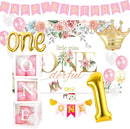 First Birthday Decorations Girl - 1st Birthday Baby Girl Decorations Include Balloons Box, Backdrop, Crown, Banner, High Chair Banner, Topper, Baby First One Year Old Girl Party Supplies by TinyTreasures Baby Boutique