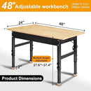 48" Adjustable Work Bench, Rubber Wood Top Workbench Heavy-Duty Work Table with Power Outlet, 2000 LBS Load Capacity Hardwood Work Benches for Garage, Workshop, Home, Office, Easy Assembly by GreenHaven Gardens