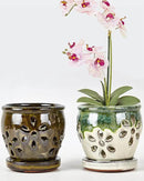 Vensovo 4 Inch Ceramic Orchid Pots with Holes and Saucers - 2 Pcs Small Succulent Pot for Repotting, Garden Flowerpots for Plants Indoor and Outdoor Promotes Air Circulation (Olive Green, Green Mixed) by GreenHaven Gardens