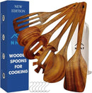 Wooden Utensils for Cooking, Premium Teak Healthy Spoons, Wooden Spoons for Cooking, Durable Eco-Friendly and Safe Teak Cooking Spoon, Cooking Gifts for Mom (set of 6) and Hooks by CozyNest Decor