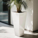 Worth Garden 28" H. Large Metal Glazed Planter Set of 2, Modern Glossy Finish White Tall Square Tapered Steel Flower Plant Pots for Indoor & Outdoor Use - Insert Plate with Drain Holes, Air Vents by CozyNest Decor