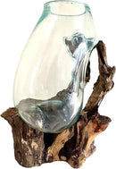 Hand Blown Molten Glass & Teak Wood Terrarium/Vase/Fish Bowl - Premium Quality (12" - 14" High) by CozyNest Decor