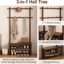 Hall Tree, Coat Rack with Shoe Storage, Wooden Hall Tree with Bench, 11 Hooks and 2-Tier Storage Shelves, Entryway Bench with Coat Rack (31.5" - Deep Walnut)