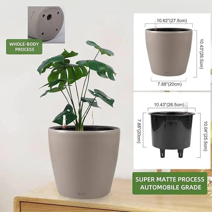 Dexceder 11x10 Inches Self Watering Planter Indoor Outdoor, Inner Pot Design, Thickened Table Flower Plant Pot with Water Level Indicator (Taupe Matte), photo 3 of 6