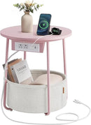 VASAGLE Side Table with Charging Station, Round End Table with Fabric Basket, Nightstand with Power Outlets, USB Ports, for Living Room, Bedroom, Modern, Jelly Pink and Cream White ULET228R01 by CozyNest Decor