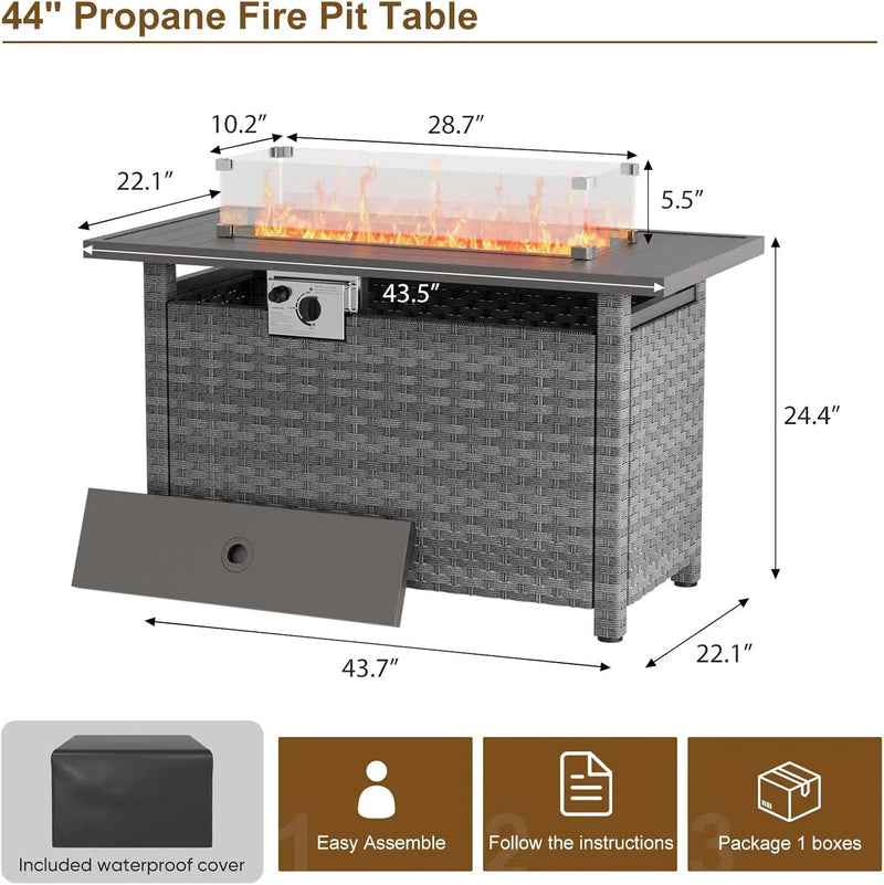 44" Fire Pit Table with Wind Guard for Outdoor, Auto-Ignition Propane Gas Firepits Rattan Rectangular Table for Outside Patio 60,000 BTU, Gray, photo 5 of 6