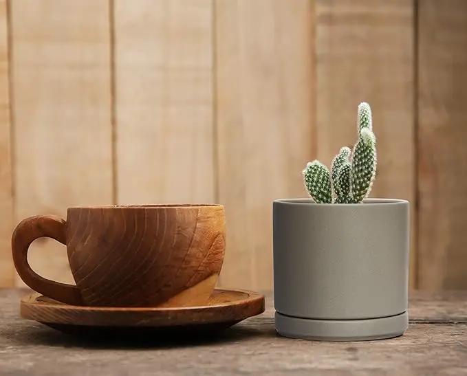 D'vine Dev Set of 4 Small Ceramic Plant Pots, 4.6 Inch Succulent Planter Pot for Plants with Drainage Hole and Saucer, Grey, 94-X-B-3, photo 7 of 7