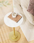 Masupu Drink Table, Round Side Table for Small Spaces, Pedestal Side Table, Small End Table with Metal Base, for Living Room, Bedroom, Bathroom, White Gold by CozyNest Decor