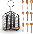 360° Rotating Kitchen Utensil Holder- 3 Compartment Organizer with Cork Bottoms | Includes Premium 9-Piece Acacia Wood Utensil Set | Professional & Home Luxury Design | Metal Utensil Crock (Black) by CozyNest Decor
