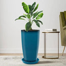 Tall Flower Pot Indoor - Outdoor Plant Pot - Turquoise Glossy Planter - Elegant Stone Imitation - 12" Diameter 21" Tall with Drainage Holes and Saucer by CozyNest Decor