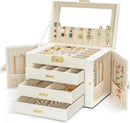 AKOZLIN Large 4-Tier Jewelry Box Leather Jewelry Storage Organizer with 3 Drawers Lockable for Women Girls Ring Necklace Earring Bracelet Watches Holder with Mirror White by TinyTreasures Baby Boutique