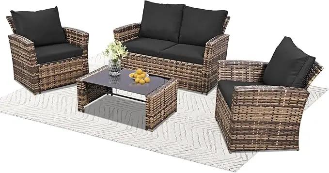 4 Piece Outdoor Patio Furniture Set,Wicker Conversation Sets Outdoor Sectional Patio Sofa Couch with Cushions & Coffee Table for Outside, Garden, Balcony, Porch,Yellow/Black